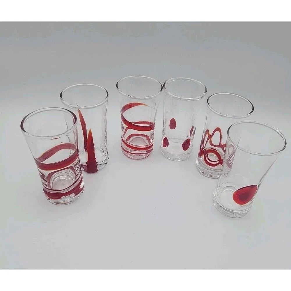 6 Pier 1 Swirline Red Swirl 4 oz. Cordial Liqueur Shot Glasses + Tray FREE SHIP